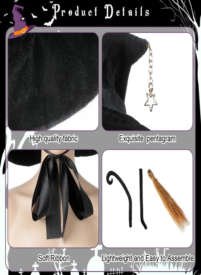 Liitrsh 2 Pcs Halloween Witch Hat and Broom Set for Women Black Lolita Halloween Witch Hat Lolita Star Wizard Hats Realistic Broomstick Props for Cosplay Party Costume - Image 3