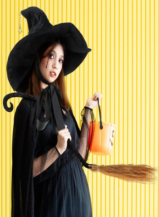 Liitrsh 2 Pcs Halloween Witch Hat and Broom Set for Women Black Lolita Halloween Witch Hat Lolita Star Wizard Hats Realistic Broomstick Props for Cosplay Party Costume - Image 4