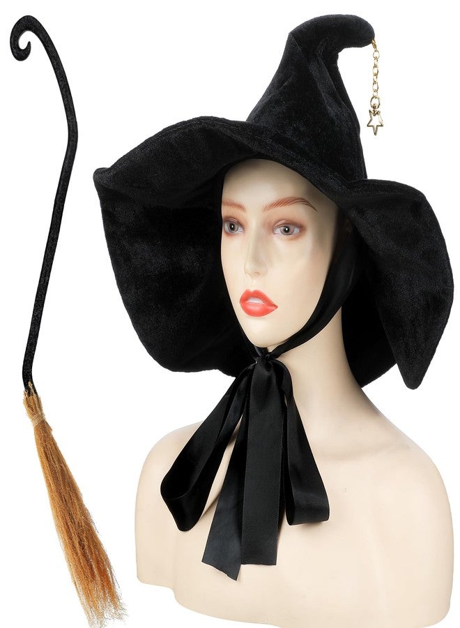 Liitrsh 2 Pcs Halloween Witch Hat and Broom Set for Women Black Lolita Halloween Witch Hat Lolita Star Wizard Hats Realistic Broomstick Props for Cosplay Party Costume - Image 1