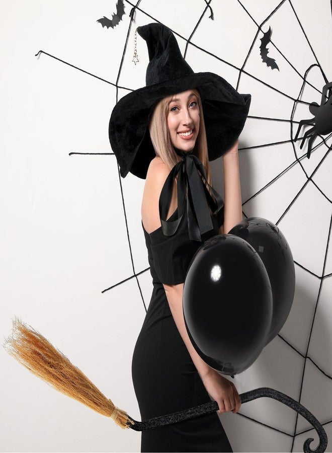 Liitrsh 2 Pcs Halloween Witch Hat and Broom Set for Women Black Lolita Halloween Witch Hat Lolita Star Wizard Hats Realistic Broomstick Props for Cosplay Party Costume - Image 5