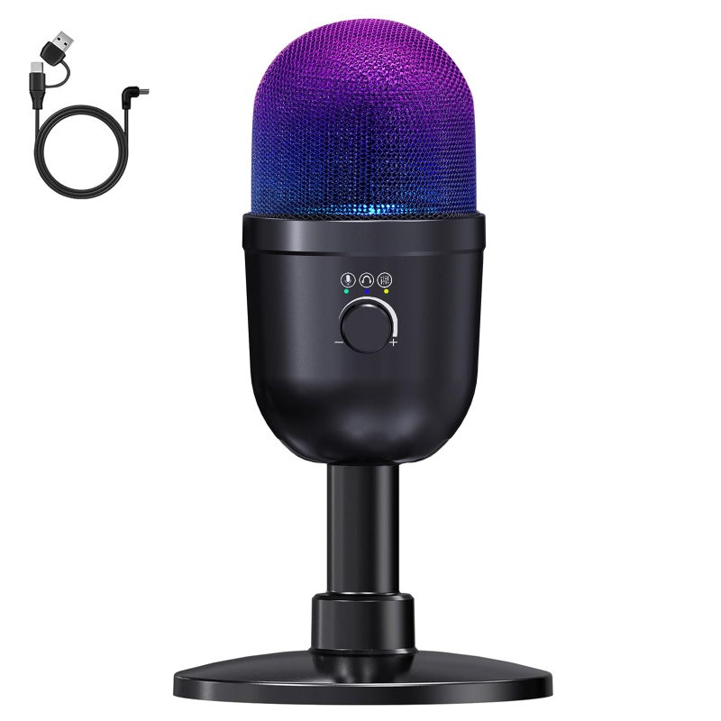 LRUFOB USB Gaming Condenser Microphone for PC/Desktop,192kHz/24Bit,Noise Cancellation,Monitoring,Quick Mute & RGB Lighting,USB PC Mic for Laptop,Podcast,Streaming,Recording Black - Image 1
