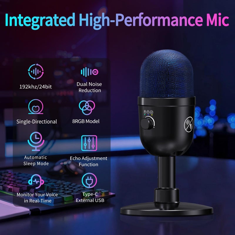 LRUFOB USB Gaming Condenser Microphone for PC/Desktop,192kHz/24Bit,Noise Cancellation,Monitoring,Quick Mute & RGB Lighting,USB PC Mic for Laptop,Podcast,Streaming,Recording Black - Image 2