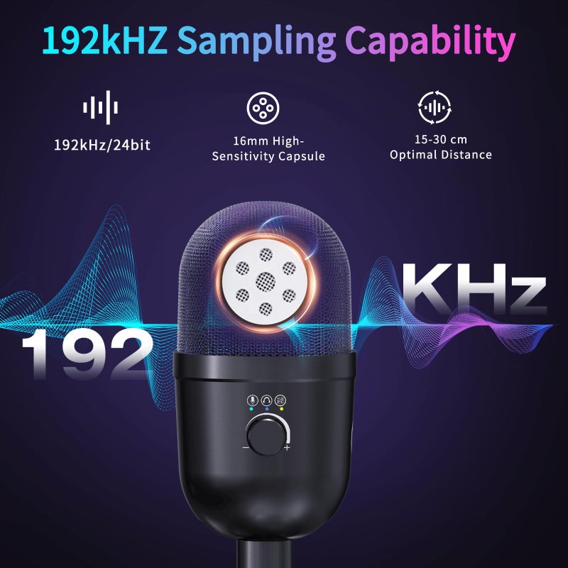 LRUFOB USB Gaming Condenser Microphone for PC/Desktop,192kHz/24Bit,Noise Cancellation,Monitoring,Quick Mute & RGB Lighting,USB PC Mic for Laptop,Podcast,Streaming,Recording Black - Image 3