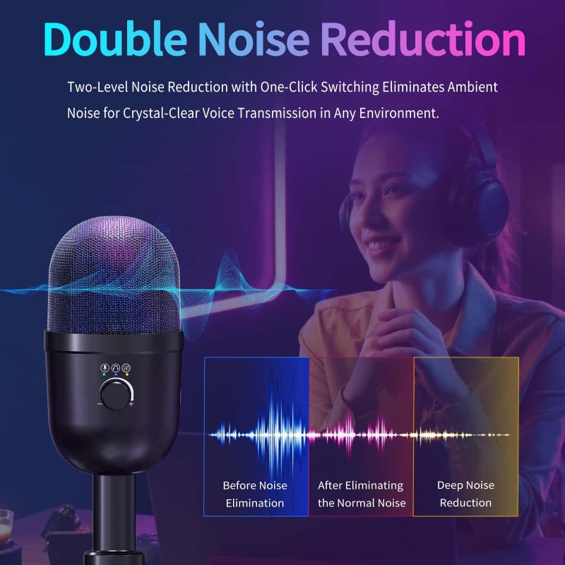 LRUFOB USB Gaming Condenser Microphone for PC/Desktop,192kHz/24Bit,Noise Cancellation,Monitoring,Quick Mute & RGB Lighting,USB PC Mic for Laptop,Podcast,Streaming,Recording Black - Image 5