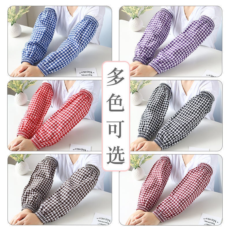 Factory Four Seasons Universal Cotton Plaid Sleeve Mens and Womens Lengthened Household Work Office Cleaning Dirty Resistant Sleeve Head Wine red check 
