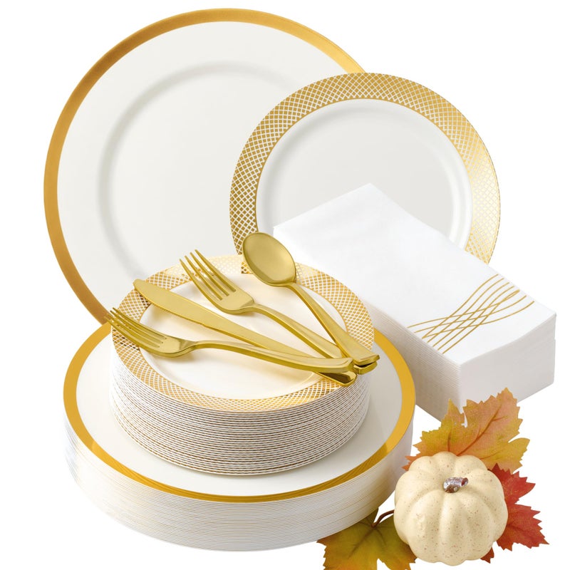 By Madee EXTRA HEAVYWEIGHT 175 Pc White and Gold Plastic Plates and Utensils Set with Linen Like Napkins Fancy Disposable Dinnerware Set for Wedding Bridal Showers Special Occasion 25 Guests