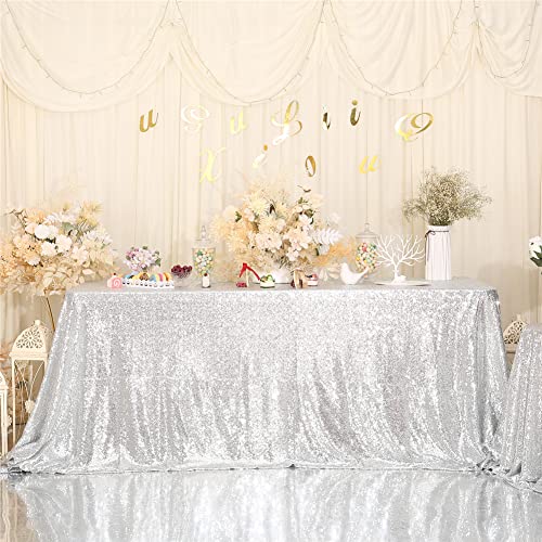 SquarePie Sequin Tablecloth 90 x 132 Inch Silver Sparkly Table Linen for Wedding Party - Image 2