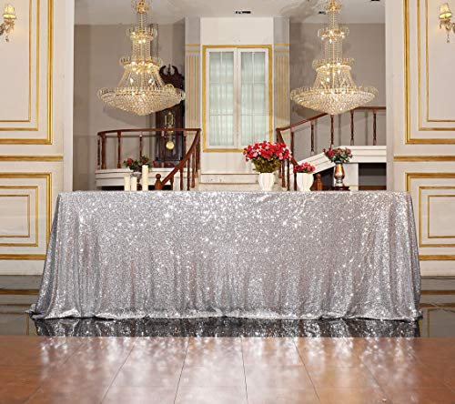 SquarePie Sequin Tablecloth 90 x 132 Inch Silver Sparkly Table Linen for Wedding Party - Image 1