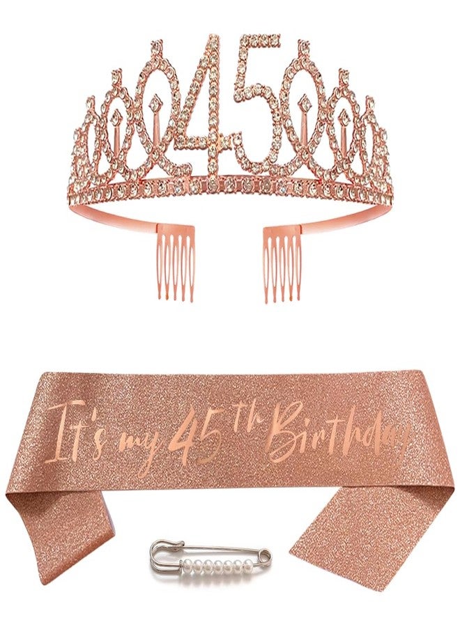 Huture Rose Gold 45th Birthday Crown and Sash Set for Women: Alloy, Fabric, Modern, No Chain Type, Round, Pear Rhinestones, Women's Adult, Women celebrating their 45th birthday - Image 1