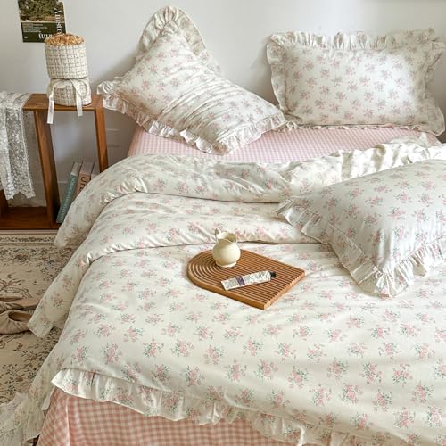 mixinni Pink Floral Duvet Cover Set Twin Size - 100% Cotton Ruffle Lace Bedding Set for Girls, Romantic Cottagecore Style Duvet Cover with Zipper Closure, Soft Aesthetic Princess Bedding-Twin - Image 5