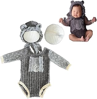 CUTEBBPHOTO CUTEBBPHOTO Newborn Baby Girl Photography Props Newborn Photoshoot Romper Outfits Bodysuit & Hat & Floral Headband  - Image 1