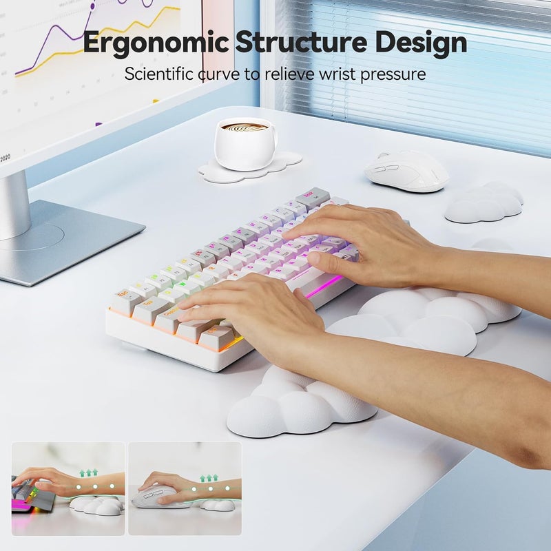 Cloud Keyboard Wrist Rest, Mouse Wrist Rest with Silicone Base, Computer Wrist Support with PU Leather Ergonomic Memory Foam for Computer Laptop, White - Image 2
