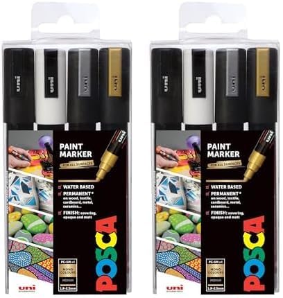 POSCA posca Markers Set 4 Medium Paint Markers 5M  Mono Tones  Black White Gold Silver Pack of 2  - Image 1