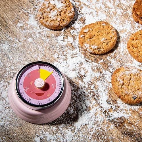 Gibox Round Retro Kitchen Timer for Cooking (Pink) Stainless Steel Magnetic Bottom Mechanical Loud Alarm, 60 Min Count Stopwatch for Time Management Analogue Clock Reminder for Various Activity - Image 1