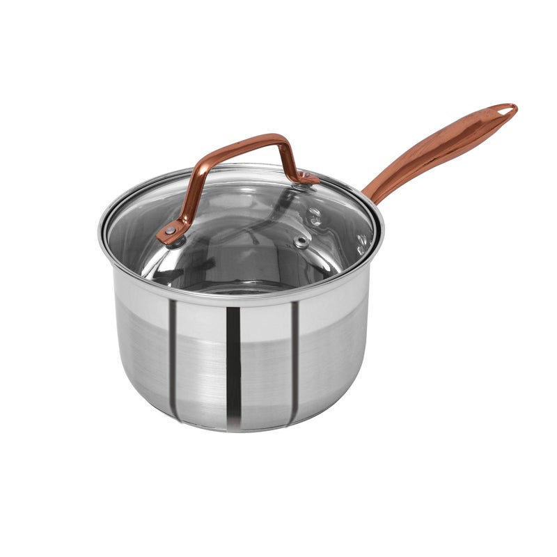 PRISTINE Tri Ply Industion Base Stainless Steel Saucepan with Lid, Electroplated Rose Gold Handle, 16cm, Silver - Image 1