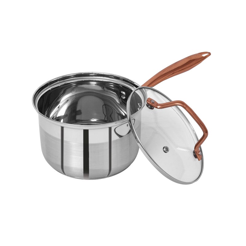 PRISTINE Tri Ply Industion Base Stainless Steel Saucepan with Lid, Electroplated Rose Gold Handle, 16cm, Silver - Image 3