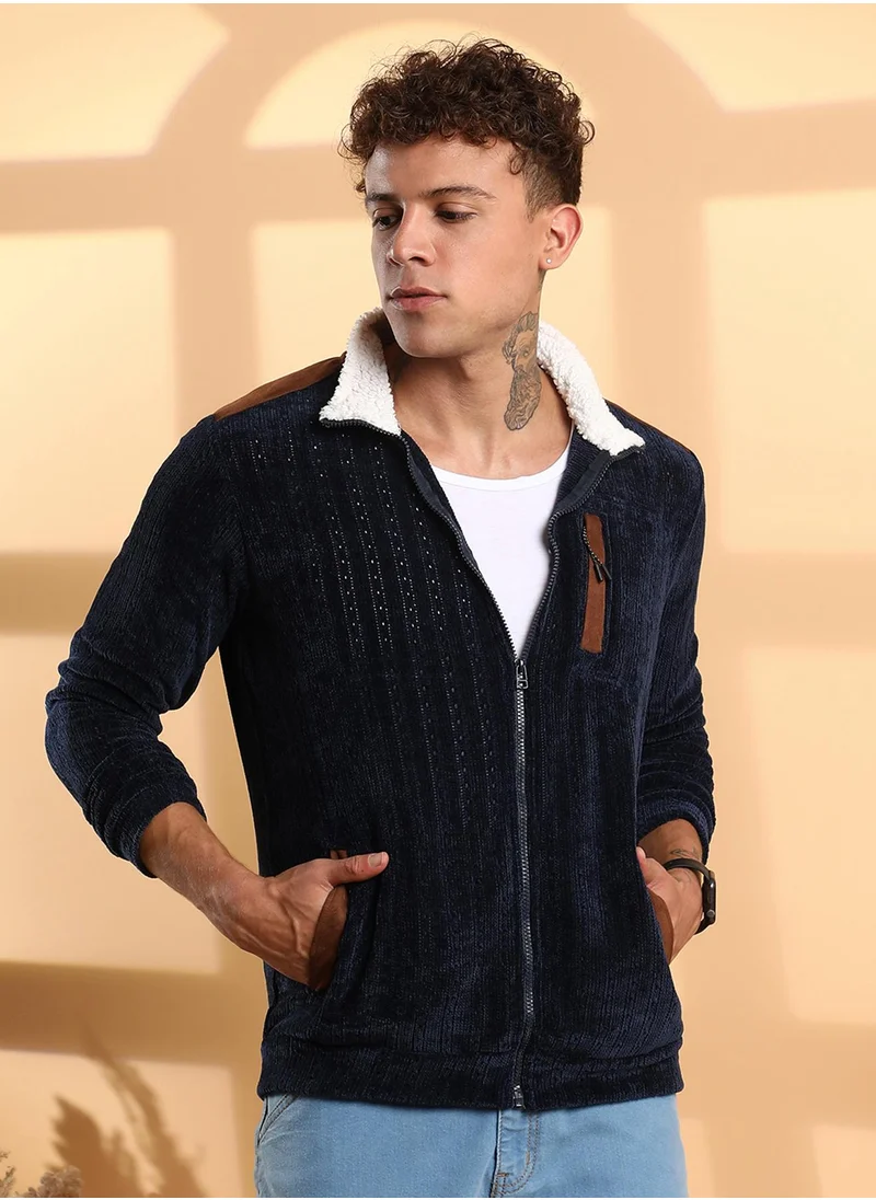 Campus Sutra Men's Navy Blue Zip-Front Cable Knit Jacket