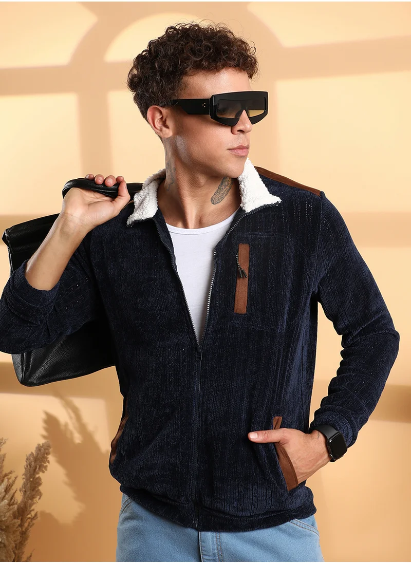 Campus Sutra Men's Navy Blue Zip-Front Cable Knit Jacket