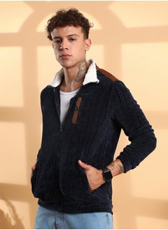 Campus Sutra Men's Navy Blue Zip-Front Cable Knit Jacket  - Image 3