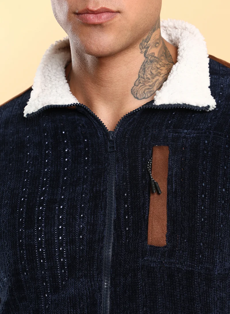 كامبوس سوترا Men's Navy Blue Zip-Front Cable Knit Jacket