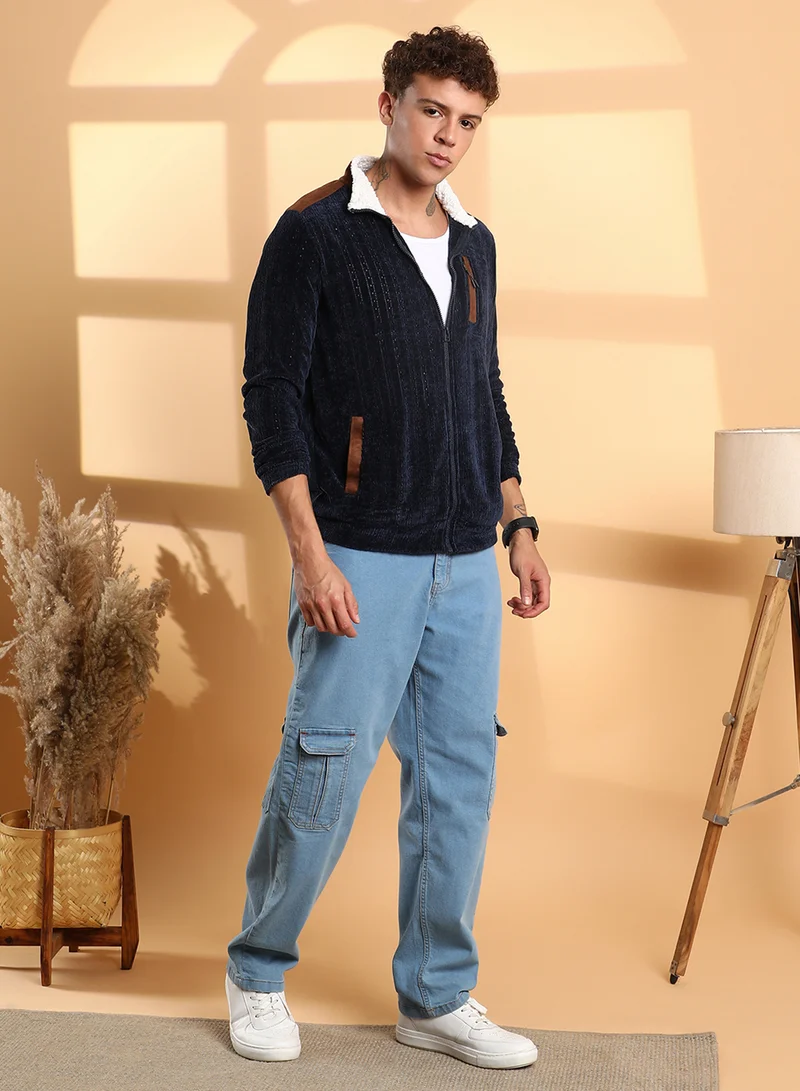 كامبوس سوترا Men's Navy Blue Zip-Front Cable Knit Jacket