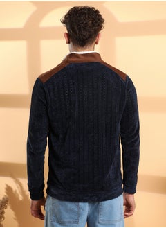 Campus Sutra Men's Navy Blue Zip-Front Cable Knit Jacket  - Image 5