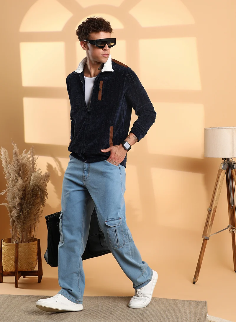 كامبوس سوترا Men's Navy Blue Zip-Front Cable Knit Jacket