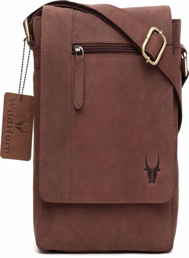 WildHorn Leather Sling Messenger Bag for Men I Multipurpose Crossbody Bag I Travel Bag with Adjustable Strap I IDIMENSION: L- 8 inch H- 10.5 inch W- 2.75 inch (BROWN HUNTER) - Image 1
