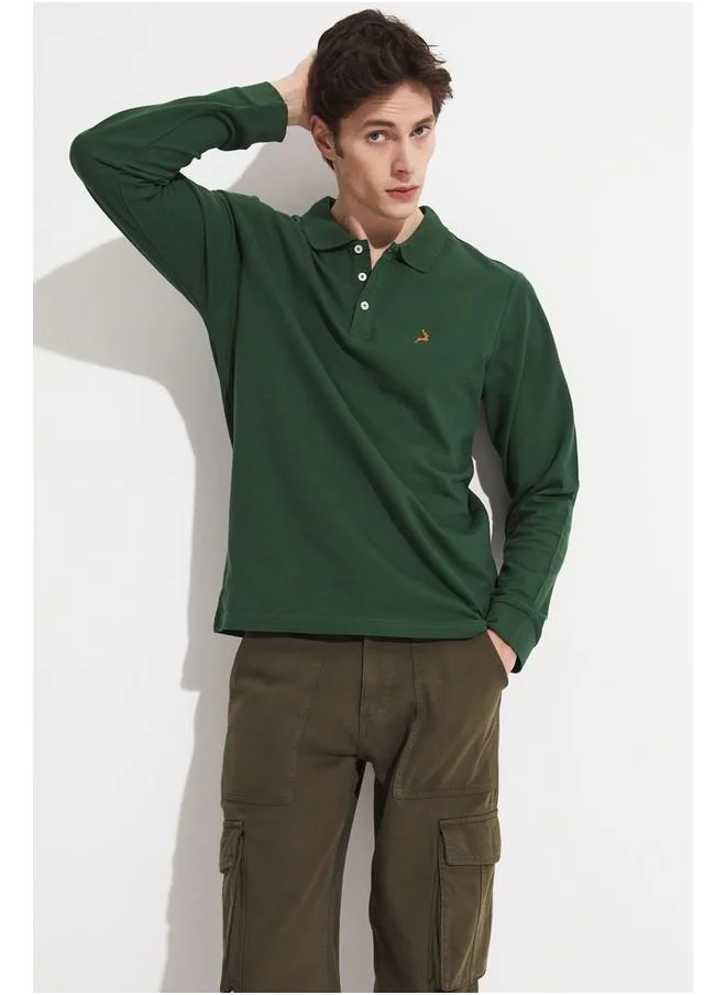 JUNE June Men Regular Fit 100% Cotton Polo Neck Tshirt Dark Green