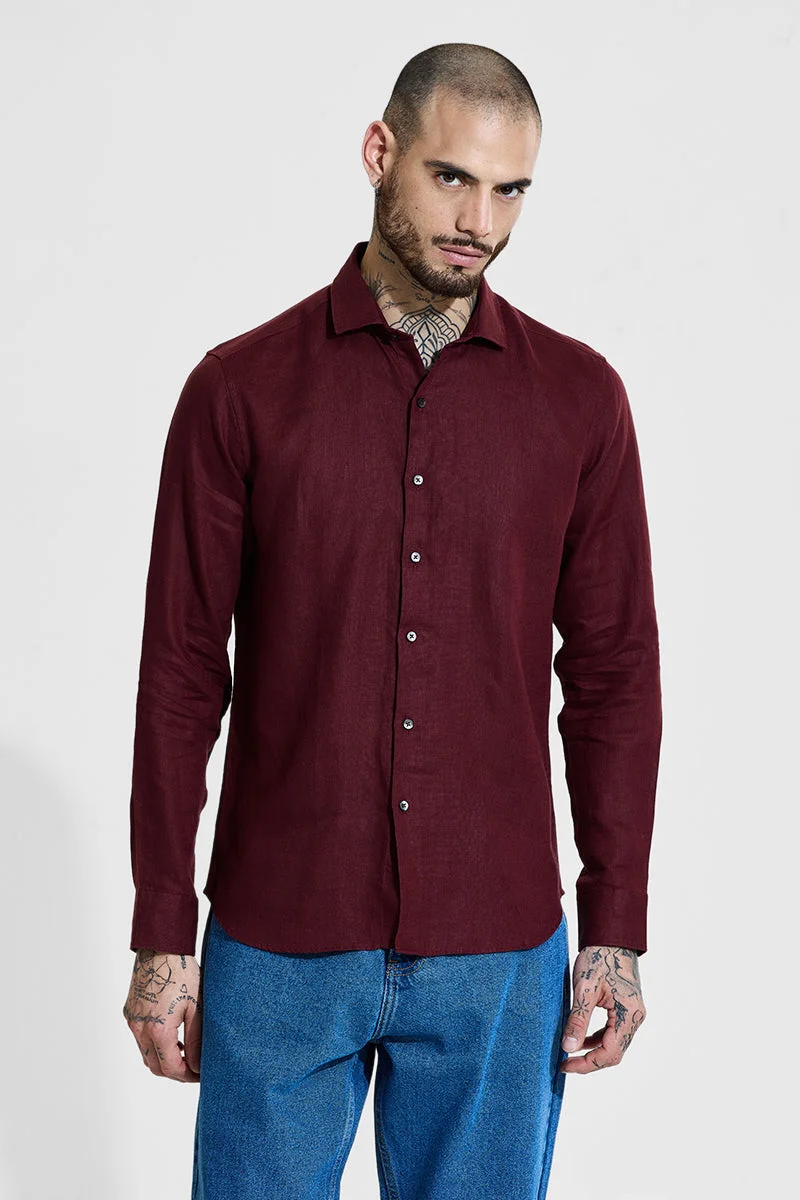 SNITCH Burgundy Slim Fit 100% Linen Shirt