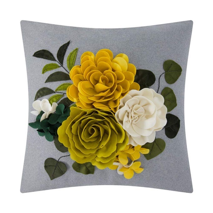 DECORATIVE 3D FLOWER THROW PILLOW COVER AESTHETIC FLORAL ACCENT PILLOW CASES COLORFUL PILLOWCASE HANDMADE CUSHION FOR FARMHOUSE LIVING ROOM SOFA COUCH CHAIR 18X18 INCHES GRAY YELLOW