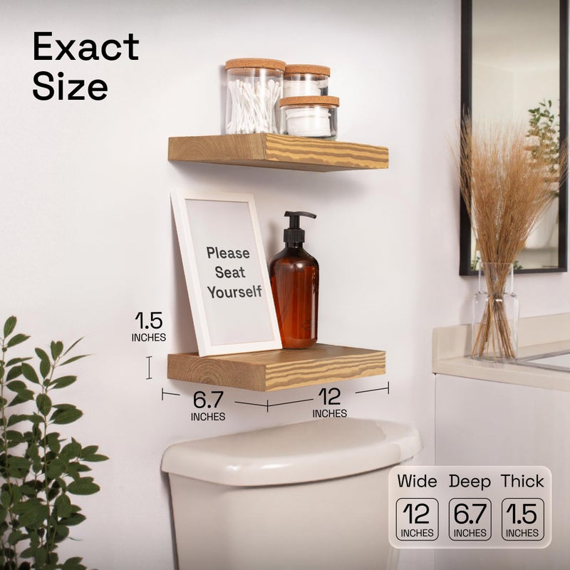BAOBAB WORKSHOP Natural Wood Floating Shelves for Wall 12 Inch Wide, Small Wooden Shelf 12 in, Bathroom Shelves for Room Wall Mounted Kitchen Rustic, Oak Floating Shelf, 12W Ã— 6.7D, Set of 2 - Image 3