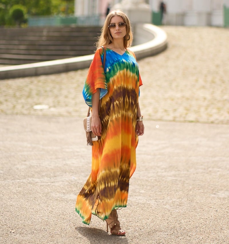 IMAGEKOPE Women's Plus Size Loose Fit Moroccan Print V-Neck Batwing Kaftan Stylish Beach Dress Bathing Suit Cover Up - Image 3