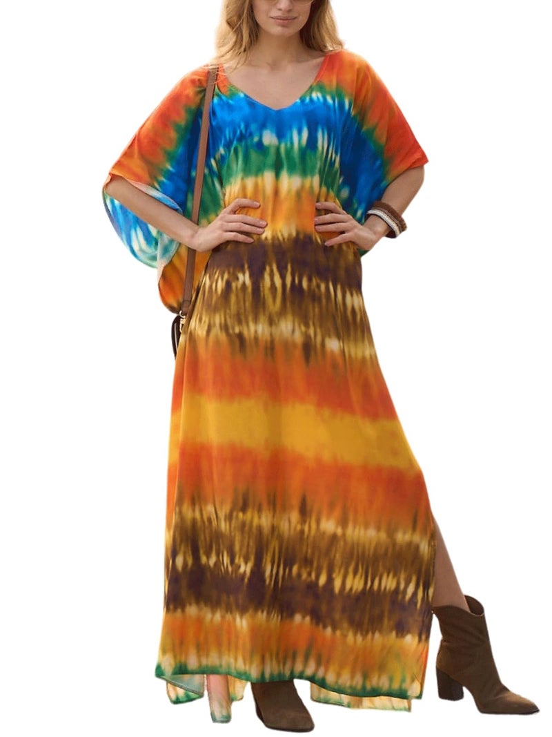IMAGEKOPE Women's Plus Size Loose Fit Moroccan Print V-Neck Batwing Kaftan Stylish Beach Dress Bathing Suit Cover Up - Image 1