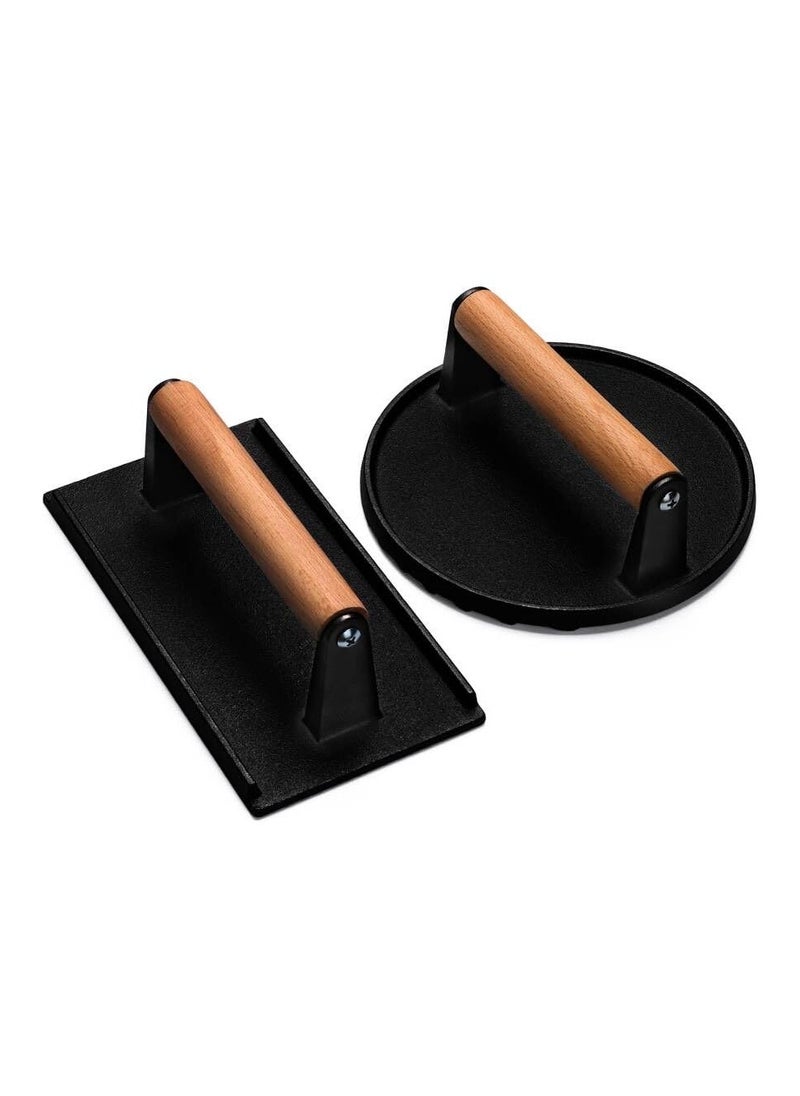 DOUGEI Burger Press, 18cm Round & 21cmX11cm Rectangle Heavy-Duty Cast Iron Smash Bacon Press Meat Steak with Wood Handle for Griddle, Sandwich, Nonstick Pan  - Image 1