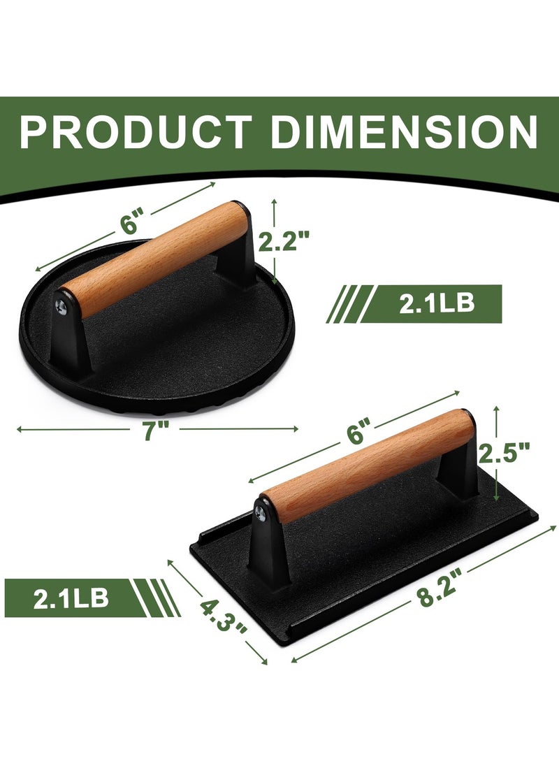 DOUGEI Burger Press, 18cm Round & 21cmX11cm Rectangle Heavy-Duty Cast Iron Smash Bacon Press Meat Steak with Wood Handle for Griddle, Sandwich, Nonstick Pan  - Image 2