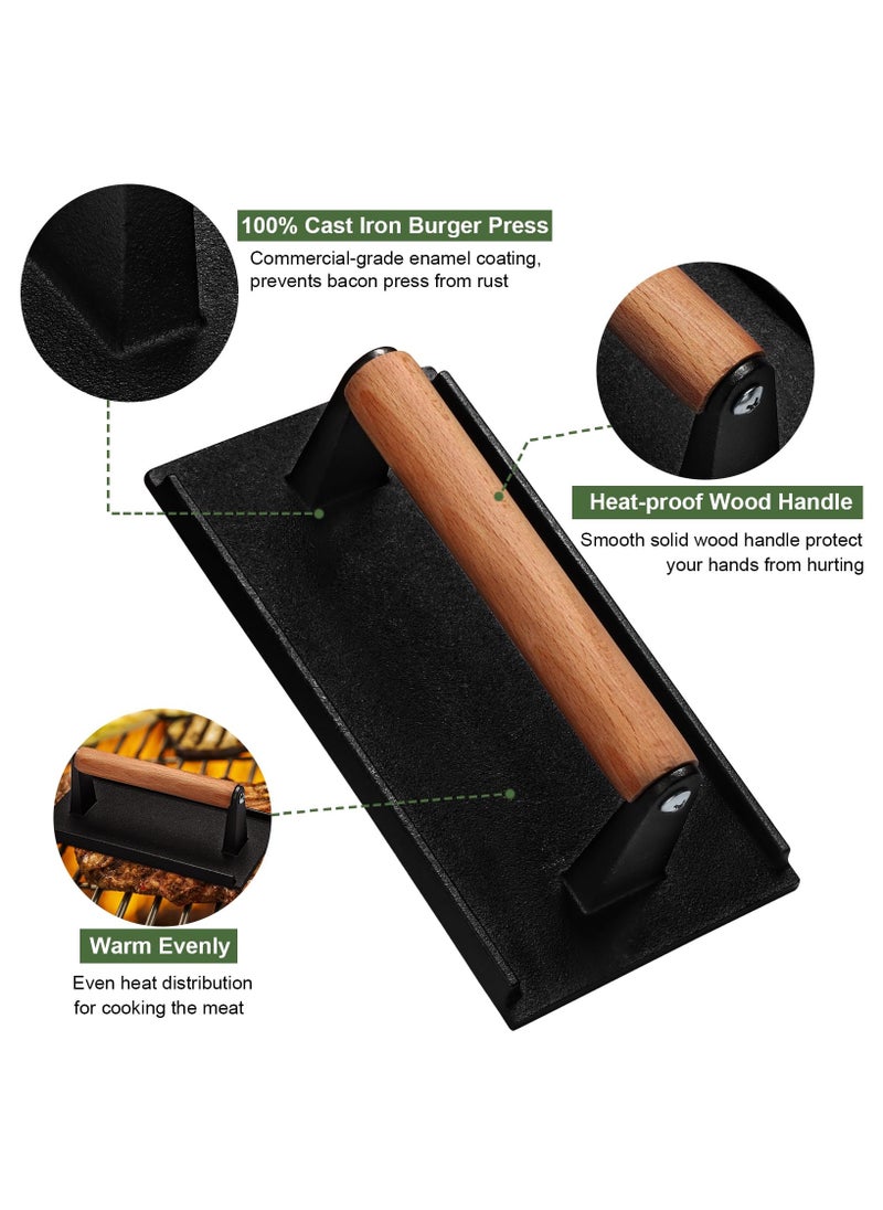 DOUGEI Burger Press, 18cm Round & 21cmX11cm Rectangle Heavy-Duty Cast Iron Smash Bacon Press Meat Steak with Wood Handle for Griddle, Sandwich, Nonstick Pan  - Image 3