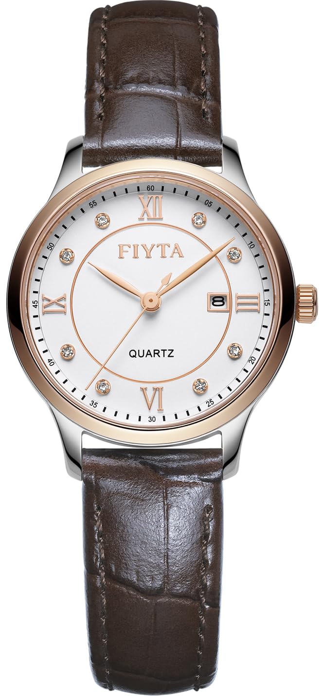 FIYTA Classic Series Watch Woman's Quartz Watch Date Display Female Casual Wrist Watch with Brown Leather Strap White dial - Image 1