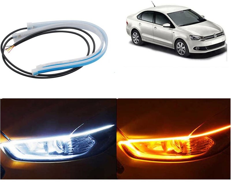 Selifaur - 2PCS 24Inch Ultrafine Waterproof Car DRL LED Daytime Running Lights White Turn Signal Yellow Guide Strip Headlight Assembly for Vento - Image 1