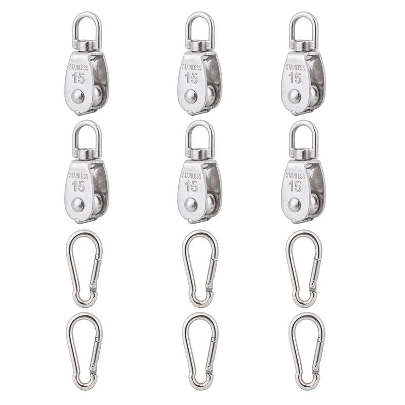 Cadbibe 6Pcs 304 Stainless Steel M15 Single Pulley Block, Wire Rope Hanging Wire Towing Wheel, with 6Pcs Spring Snap Hook - Image 1