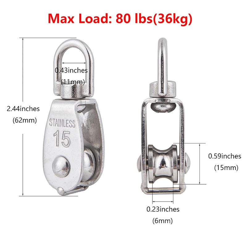 Cadbibe 6Pcs 304 Stainless Steel M15 Single Pulley Block, Wire Rope Hanging Wire Towing Wheel, with 6Pcs Spring Snap Hook - Image 4