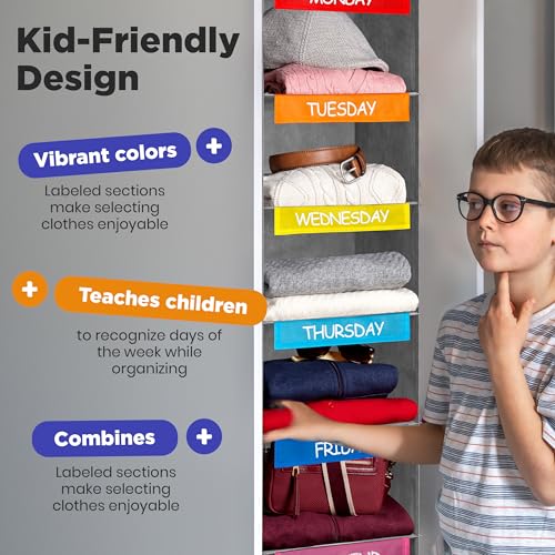 Handy Laundry Weekly Clothes Organizer for Kids - 6-Shelf - Hanging Closet Daily Clothing Organization Labeled Shelves with Days of The Week Monday Through Friday, Weekday and Weekend (Grey-Colored) - Image 4