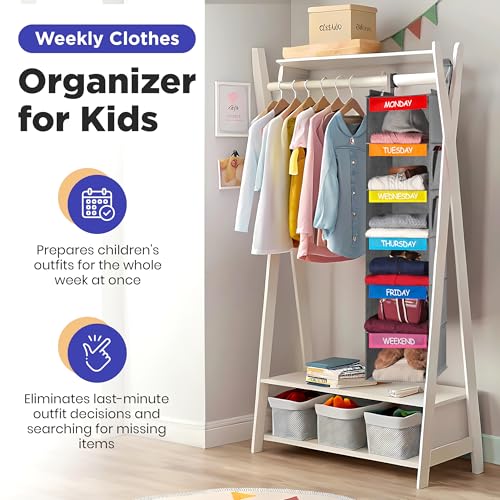 Handy Laundry Weekly Clothes Organizer for Kids - 6-Shelf - Hanging Closet Daily Clothing Organization Labeled Shelves with Days of The Week Monday Through Friday, Weekday and Weekend (Grey-Colored) - Image 3