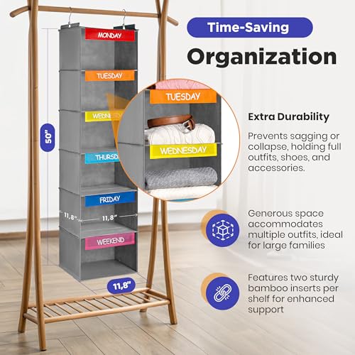 Handy Laundry Weekly Clothes Organizer for Kids - 6-Shelf - Hanging Closet Daily Clothing Organization Labeled Shelves with Days of The Week Monday Through Friday, Weekday and Weekend (Grey-Colored) - Image 2