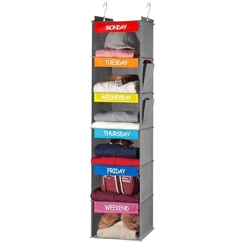 Handy Laundry Weekly Clothes Organizer for Kids - 6-Shelf - Hanging Closet Daily Clothing Organization Labeled Shelves with Days of The Week Monday Through Friday, Weekday and Weekend (Grey-Colored) - Image 1