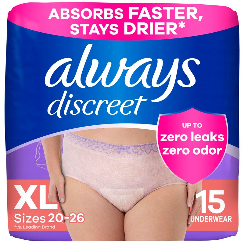 Always Discreet Adult Incontinence Underwear for Women and Postpartum Underwear, Extra Large, Up to 100% Bladder Leak Protection, 15 Count - Image 1