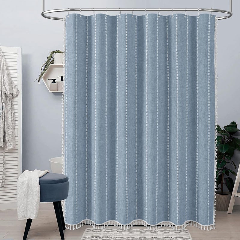 BTTN Boho Farmhouse Shower Curtain, Linen Rustic Weighted Striped Fabric Shower Curtain Set with Tassel, Water Repellent, Bohemian Vintage Country Cloth Shower Curtains for Bathroom, Blue, 72x72 - Image 2