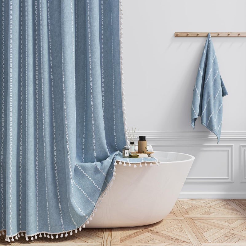 BTTN Boho Farmhouse Shower Curtain, Linen Rustic Weighted Striped Fabric Shower Curtain Set with Tassel, Water Repellent, Bohemian Vintage Country Cloth Shower Curtains for Bathroom, Blue, 72x72 - Image 1