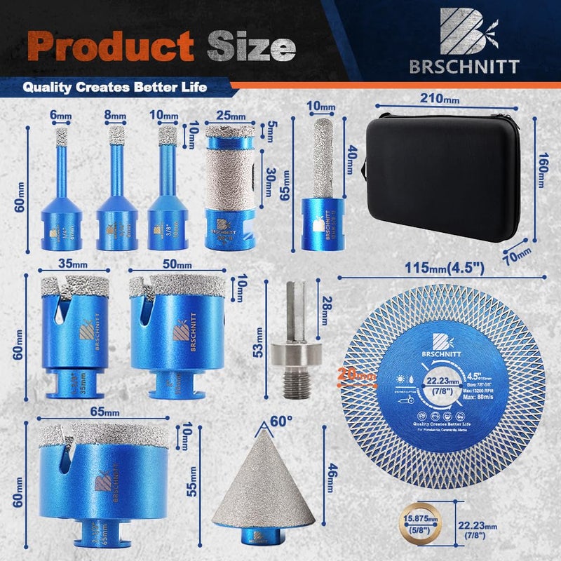 BRSCHNITT Tile Hole Saw Kit - BRSCHNITT Diamond Core Drill Bit 1/4" 5/16" 3/8" 1-3/8"2" 2-1/2"& 3/8" 1" Finger Bit & 2" Chamfer Bit for Porcelain Tile Ceramic Marble Granite & Diamond Blade - Image 4