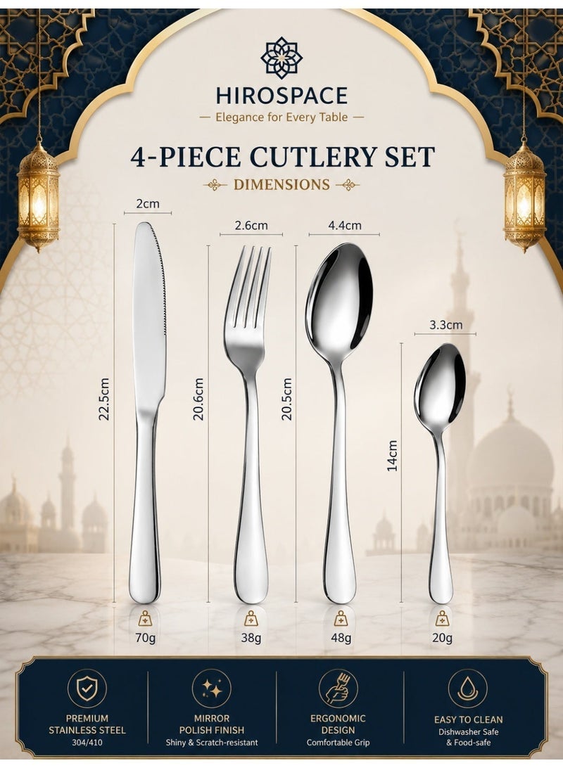 Hirospace 4 Piece Stainless Steel Silverware Set, Heavy Duty Flatware for 1 Person, Mirror Polished Cutlery Utensils with Knife, Rust Resistant & Dishwasher Safe Tableware Set - Image 2